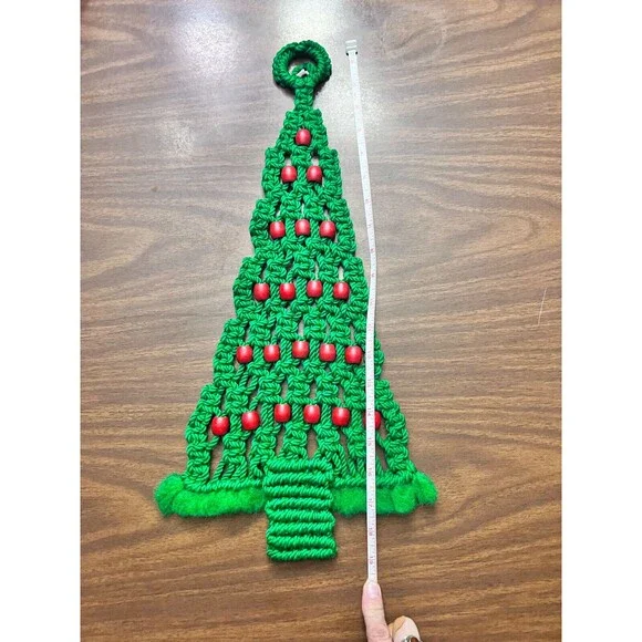 Macrame Handmade Christmas Tree Wall Hanging Large Green Red Wood Beads - Picture 7 of 7
